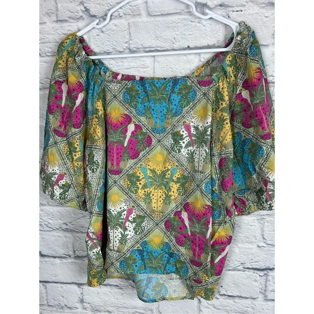 LOFT Palm Bubble Sleeve Square Neck Tropical Blouse Medium